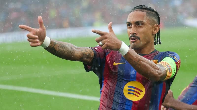 Barcelona's Brazilian forward #11 Raphinha celebrates scoring his team's first goal during the UEFA Champions League first round day 1 football match between FC Barcelona and Feyenoord at Camp Nou stadium in Barcelona on September 9, 2026. (Photo by Lluis GENE / AFP)