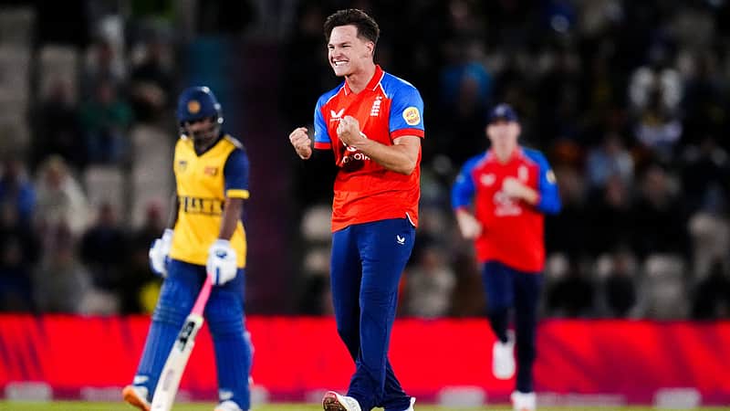 Sonny Baker delighted after taking a wicket.