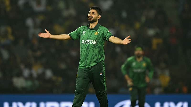 Pakistan's Abrar Ahmed celebrates after taking the wicket of Sri Lanka's Charith Asalanka during the 2026 ICC Men's T20 Cricket World Cup Super Eights match between Sri Lanka and Pakistan at the Pallekele International Cricket Stadium in Kandy on February 28, 2026. (Photo by Ishara S. KODIKARA / AFP)