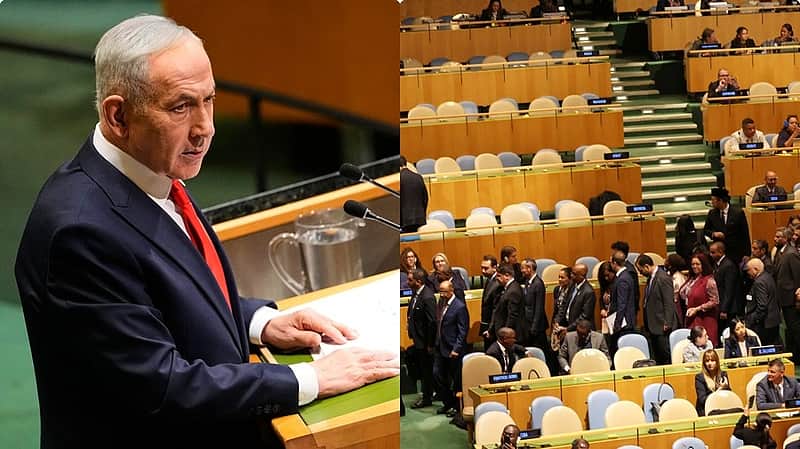 Diplomats walk out as Netanyahu takes podium