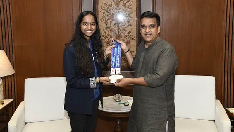 Gujarat Deputy Chief Minister Harsh Sanghavi with Ilavenil Valarivan.