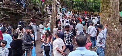கொடைக்கானல் குணா குகைப் பகுதியை பாா்வையிட்ட சுற்றுலாப் பயணிகள்.