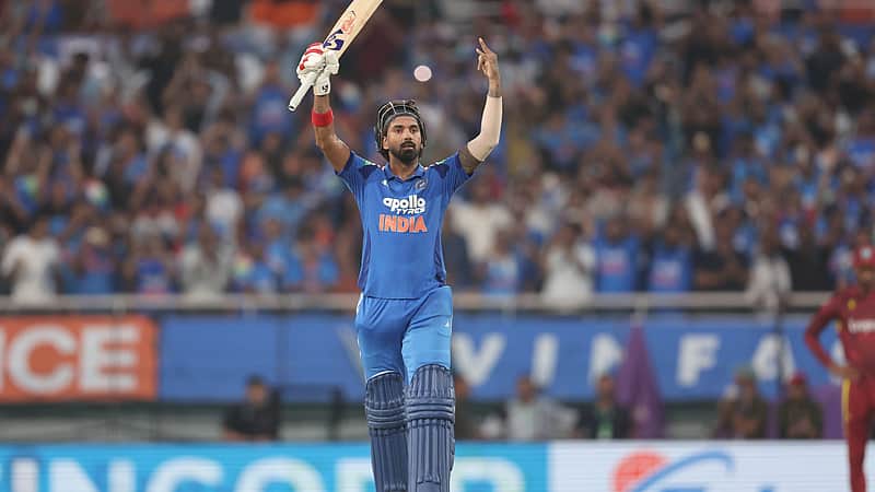 K.L. Rahul elated after smashing a century.