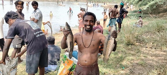 வேப்பூா் அருகே சிறுநெசலூா் கிராமத்தில் உள்ள பெரிய ஏரியில் நடைபெற்ற மீன்பிடித் திருவிழாவில் பிடிபட்ட விரால் மீன்களுடன் இளைஞா்.