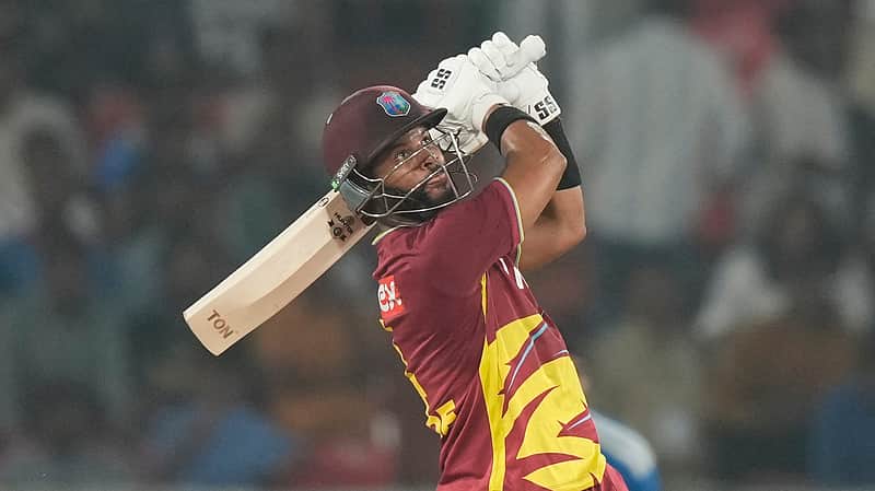 West Indies captain Shai Hope smashing the ball for a six.