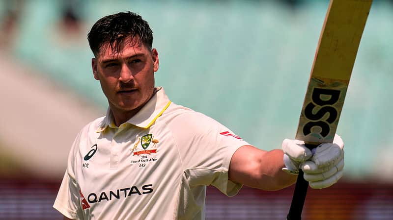 Australia's Matt Renshaw raise his bat as he leaves the field for the lunch break on day two of the first cricket test match between South Africa and Australia, in Durban, South Africa, Saturday, Oct. 10, 2026. (AP Photo/Themba Hadebe)