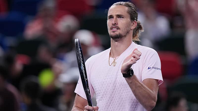 Germany's Alexander Zverev celebrates after against Australia's Alex De Minaur during the men's singles quarterfinals match at the Shanghai Masters tennis tournament in Shanghai, China, Thursday, Oct. 15, 2026. (AP Photo/Andy Wong)