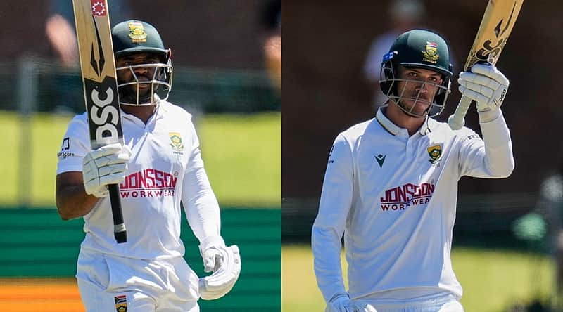 South Africa's Marco Jansen celebrates his 50 runs on day three of the second cricket test match between South Africa and Australia, in Gqeberha, South Africa, Tuesday, Oct. 20, 2026. (AP Photo/Themba Hadebe)