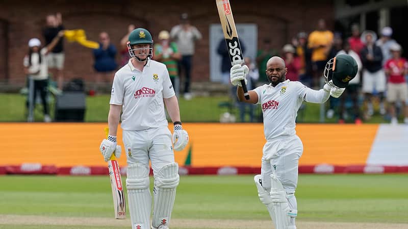 South Africa's captain Temba Bavuma celebrates after hitting a century on day three of the second cricket test match between South Africa and Australia, in Gqeberha, South Africa, Tuesday, Oct. 20, 2026. (AP Photo/Themba Hadebe)