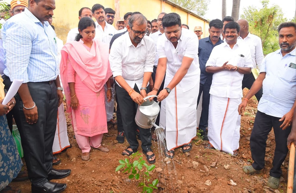 புதுக்கோட்டை கட்டியாவயலில் உள்ள சேமிப்புக் கிடங்கு வளாகத்தில் மரக்கன்றுகளை நட்டு வைத்த உணவுத் துறை அமைச்சர் ப. வெங்கடரமணன், தொழிலாளர் நலத்துறை அமைச்சர் ஜா. முகமது பர்வேஸ் உள்ளிட்டோர்.