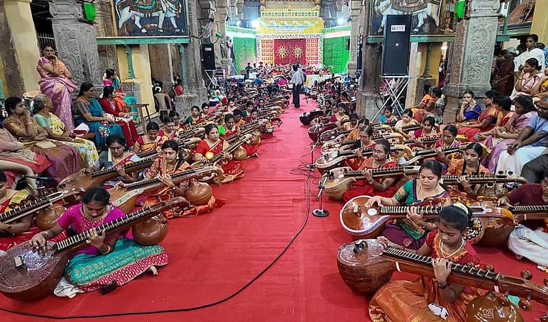 Meenakshi Amman Temple with special worship featuring 108 veenas