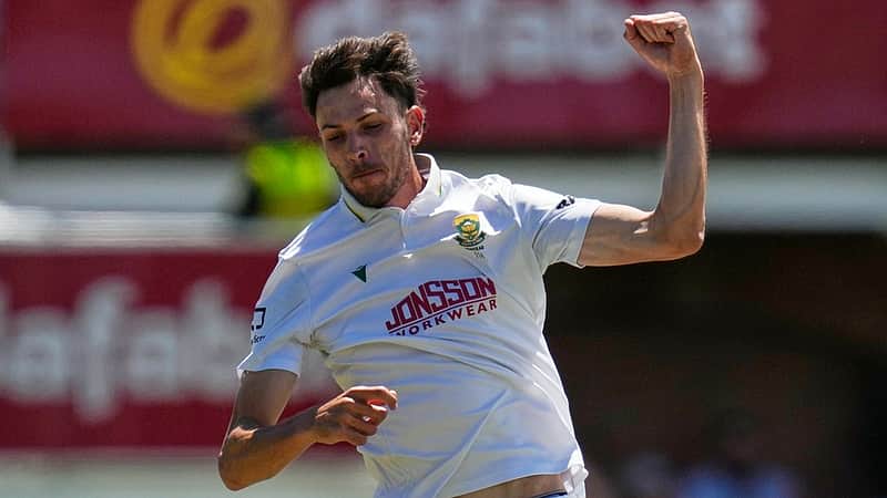 South Africa's Marco Jansen celebrates the wicket of Australia's Alex Carey during day four of the second cricket test match between South Africa and Australia, in Gqeberha, South Africa, Wednesday, Oct. 21, 2026. (AP Photo/Themba Hadebe)