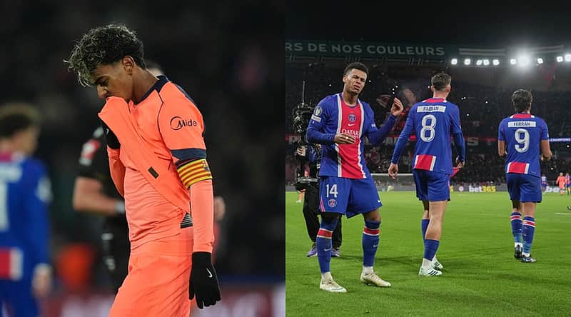 PSG's Desire Doue, left, celebrates after scoring his side's opening goal during the Champions League opening phase soccer match between Paris Saint-Germain and FC Barcelona in Paris, Tuesday, Oct. 20, 2026. (AP Photo/Thibault Camus)