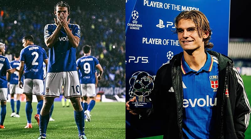Nico Paz, celebrating his goal, with the Man of the Match award.