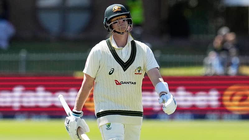Australia's Steven Smith reacts as he walks off the field after his dismissal on day five of the second cricket test match between South Africa and Australia, in Gqeberha, South Africa, Thursday, Oct. 22, 2026. (AP Photo/Themba Hadebe)