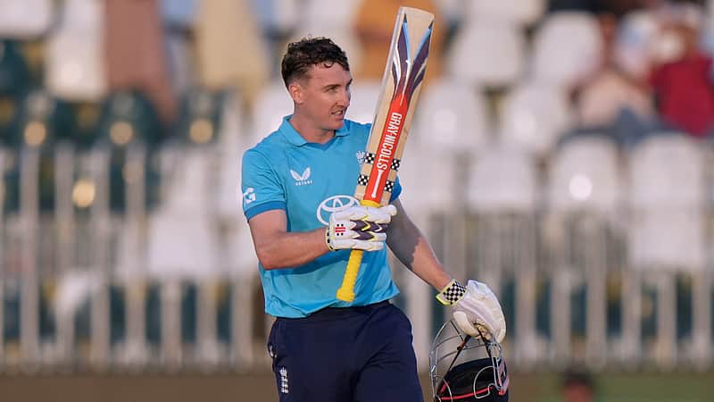 Harry Brook celebrates after scoring a double century