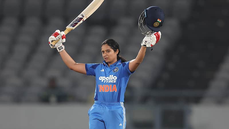 Prathika Rawal celebrates after scoring a century
