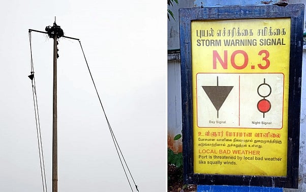 புதுச்சேரி பழைய துறைமுகத்தில் திங்கள்கிழமை மாலை ஏற்றப்பட்ட 3-ஆம் எண் புயல் எச்சரிக்கைக் கூண்டு.