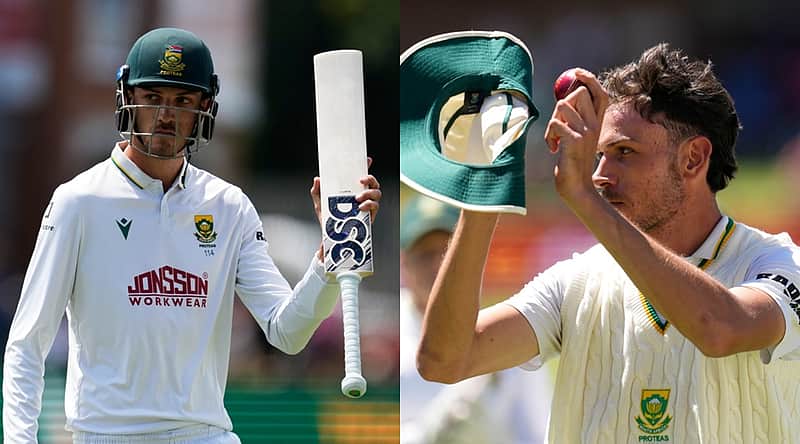 South Africa's Marco Jansen raises the ball as he celebrates his five wicket haul on day four of the second cricket test match between South Africa and Australia, in Gqeberha, South Africa, Wednesday, Oct. 21, 2026. (AP Photo/Themba Hadebe)
