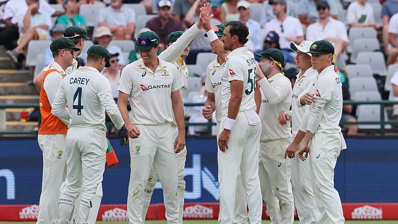 Australian players rejoicing after taking a wicket