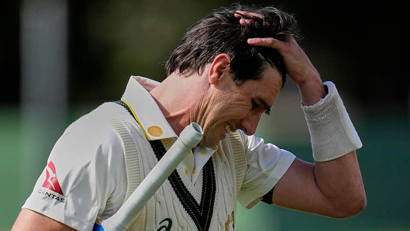 Australia's captain Pat Cummins reacts as he walks off the field after his dismissal on day five of the second cricket test match between South Africa and Australia, in Gqeberha, South Africa, Thursday, Oct. 22, 2026. (AP Photo/Themba Hadebe)