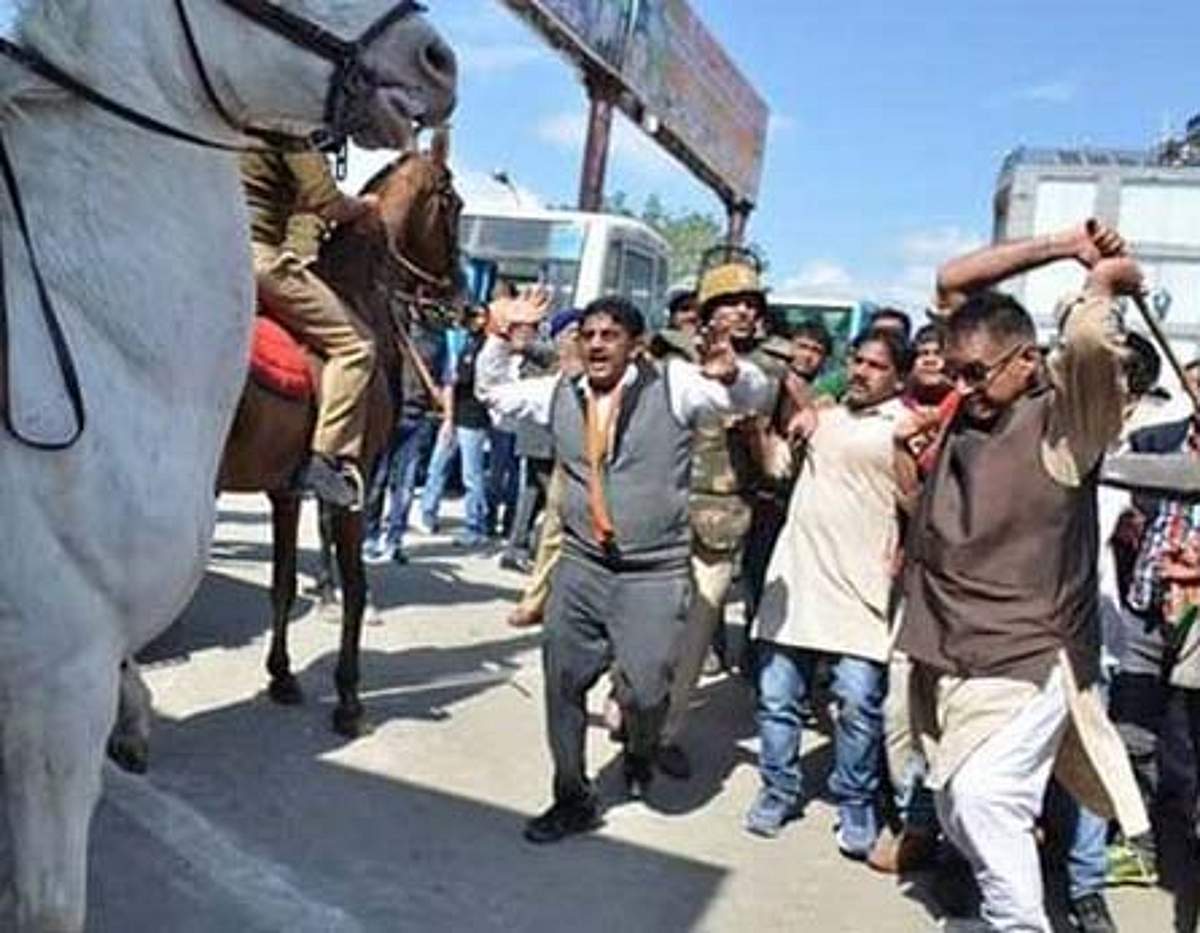 'போலீஸ் குதிரையின் காலை உடைத்த பாஜக எம்.எல்.ஏ. மீது ஒழுங்கு நடவடிக்கை'