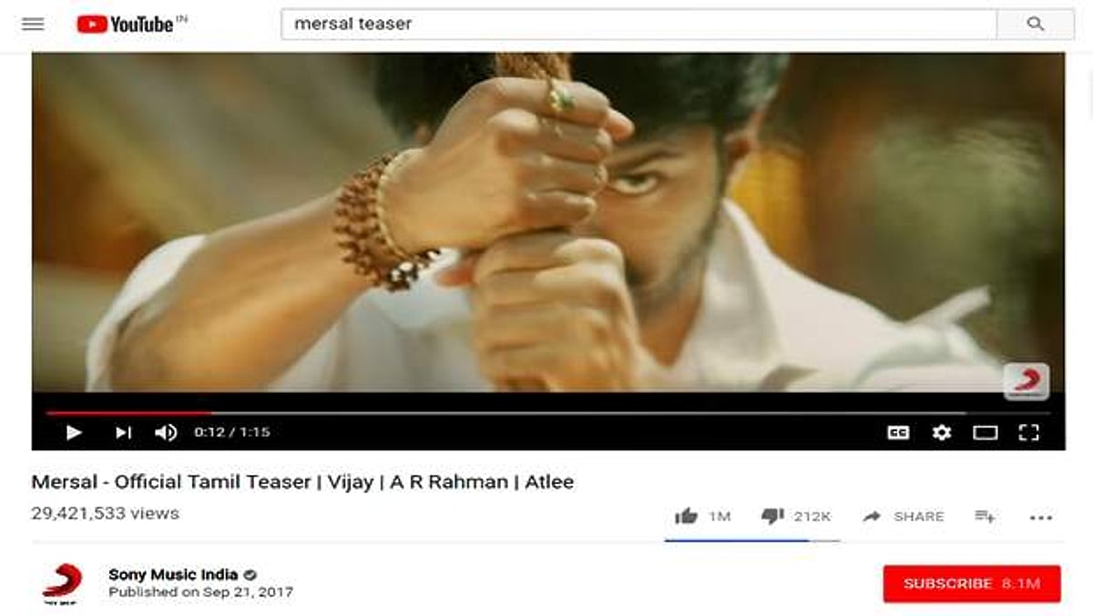 '1 மில்லியன்' லைக்குகளை அள்ளி 'மெர்சல்' சாதனை!