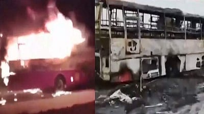 தீயில் கருகி நாசமான சொகுசுப் பேருந்து: நொடிப்பொழுதில் உயிர்தப்பிய பயணிகள்