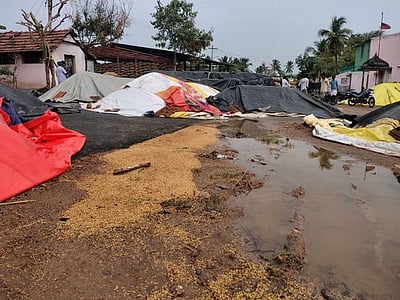 தஞ்சாவூா் மாவட்டத்தில் பலத்த மழை: கொள்முதல் நிலையங்களில் நெல் குவியல்கள் நனைந்தன