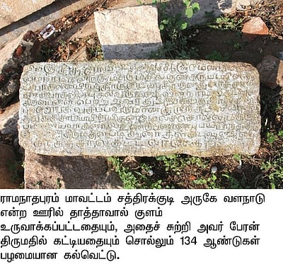 சத்திரக்குடி அருகே பழைமையான குளத்துக் கல்வெட்டு கண்டெடுப்பு
