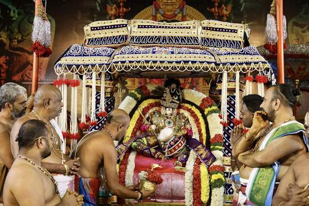 முத்துப்பந்தல், சிம்ம வாகனத்தில் பத்மாவதி தாயாா் சேவை