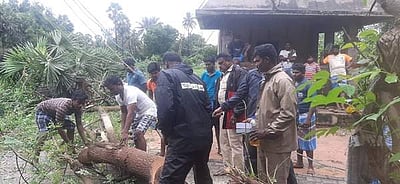 நிவர் புயலால் சாய்ந்த மரங்களை அகற்றும் பணியில் காவலர்கள்