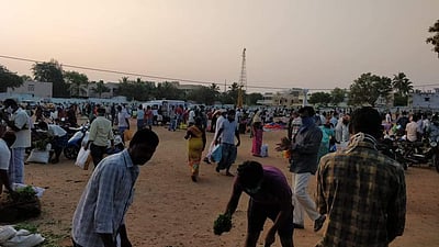 தாராபுரத்தில் இடமாற்றம் செய்யப்பட்ட உழவர் சந்தையில் விதிமுறைகளைக் கடைபிடிக்காத பொதுமக்கள்