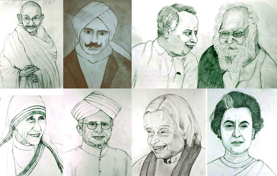 தலைவர்களைத் தத்ரூபமாக வரைந்து அசத்தும் ஆசிரியை!