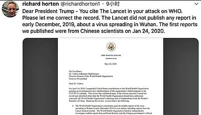 உலகச் சுகாதார அமைப்புக்கு டிரம்ப் அனுப்பிய கடிதத்தில் தவறு உள்ளது: லன்செட் இதழ்