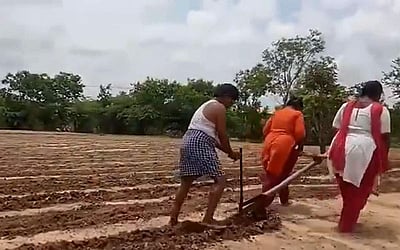 தனது மகள்களை கொண்டு நிலத்தை உழவு செய்த விவசாயி!