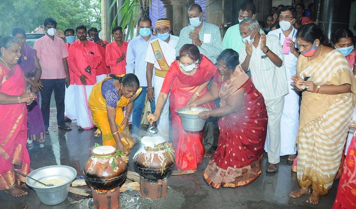 புதுகையில் பொங்கல் தயாரித்து விழாவைத் தொடக்கி வைக்கிறாா்: ஆட்சியா் பி. உமா மகேஸ்வரி.