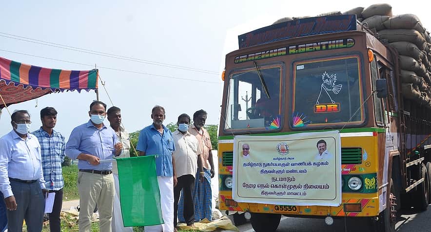 திருவள்ளூரில் நடமாடும் நெல் கொள்முதல் நிலையங்கள் ஆட்சியா் தொடக்கி வைத்தாா்