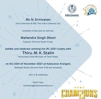முதல்வர் மு.க. ஸ்டாலின், தோனி கலந்துகொள்ளும் சிஎஸ்கேவுக்கான பாராட்டு விழா அழைப்பிதழ்