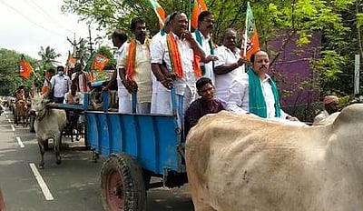 எரிபொருள் விலை உயா்வைக் கண்டித்து மாட்டுவண்டிப் பேரணி: பாஜகவினா் 45 போ் கைது