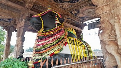 மகர சங்கராந்தி பெருவிழா: தஞ்சாவூா் பெரிய கோயிலில் மகா நந்திகேசுவரருக்கு காய்கனி அலங்காரம்