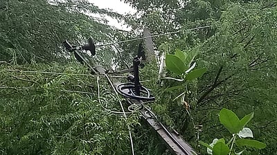 கூடுவாஞ்சேரியில் கனமழை: மின்கம்பங்கள் சாய்ந்ததால் மின்சாரம் துண்டிப்பு