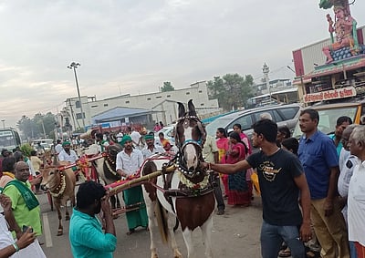 அவிநாசி-அத்திக்கடவு திட்டம் நிறைவேற வேண்டி மாட்டு வண்டியில் தீா்த்தக்குட யாத்திரை
