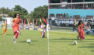 புடவையுடன் கால்பந்து விளையாடிய திரிணமூல் எம்.பி.! வைரலாகும் படங்கள்