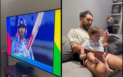 6 பந்துகளில் 6 சிக்ஸர்கள் விடியோ: தனது மகனுடன் சேர்ந்து பார்க்கும் யுவராஜ் சிங்! 