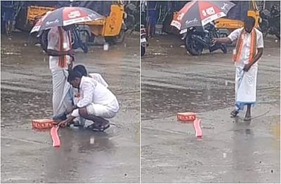 மழையில் பட்டாசு வெடித்த பாஜகவினர்! பட்டாசுக்கு குடைப் பிடிப்பதா?