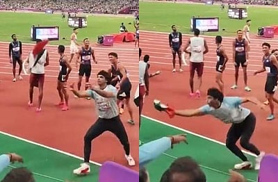 தேசியக் கொடியை கீழே விடாமல் பிடித்த நீரஜ் சோப்ரா!