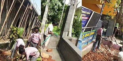 அரசுப் பள்ளியில் சித்தாள் வேலை பார்க்கும் பள்ளி மாணவர்கள்