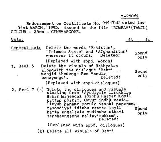 தணிக்கையில் நீக்கப்பட்டவை (படம் - மணி ரத்னம் படைப்புகள்: ஓர் உரையாடல் (பரத்வாஜ் ரங்கன்)