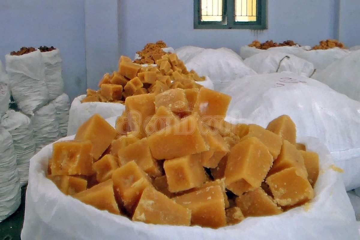 விற்பனைக்குத் தயாராகும் வெல்லம்.